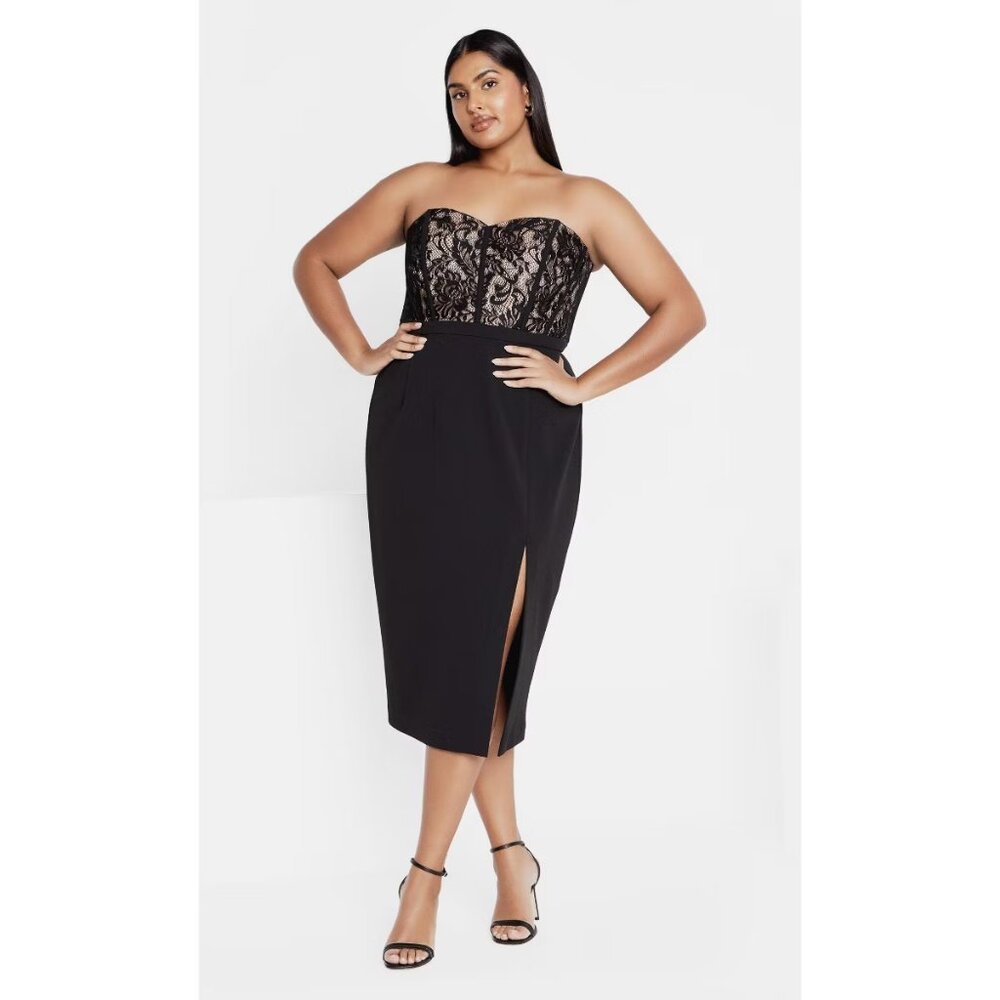 City Chic Perfect Date Black Strapless Lace Midi Dress XL/22 NWT Split Detail